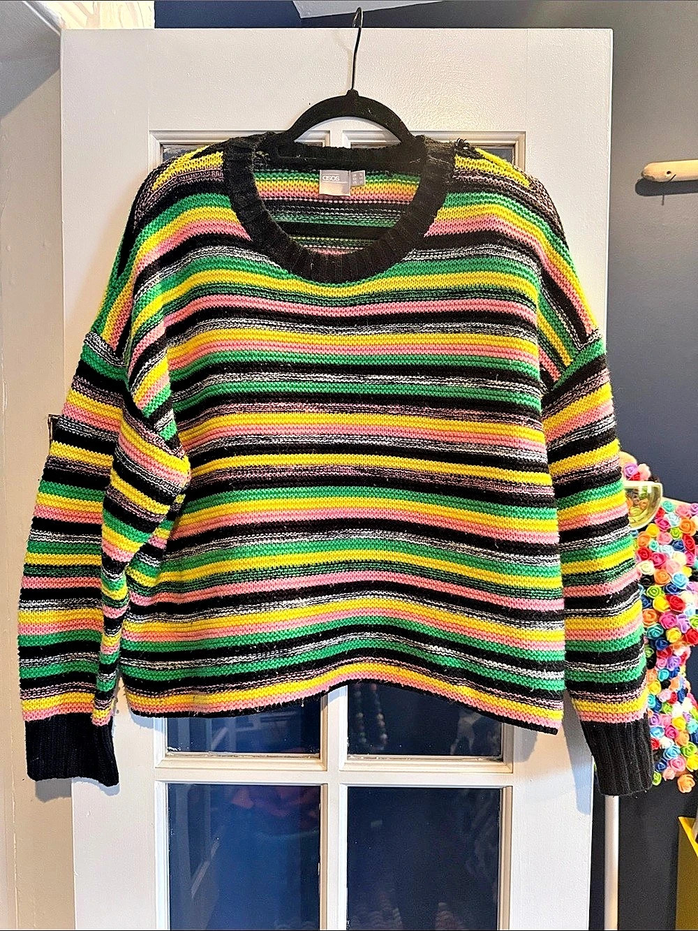 ASOS Striped Crew Neck Sweater in Black & Green
